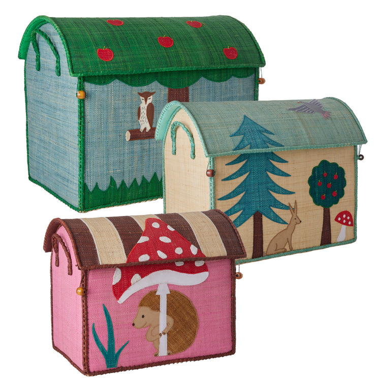 RICE. Raffia Toy Basket with Happy Forest Theme - medium