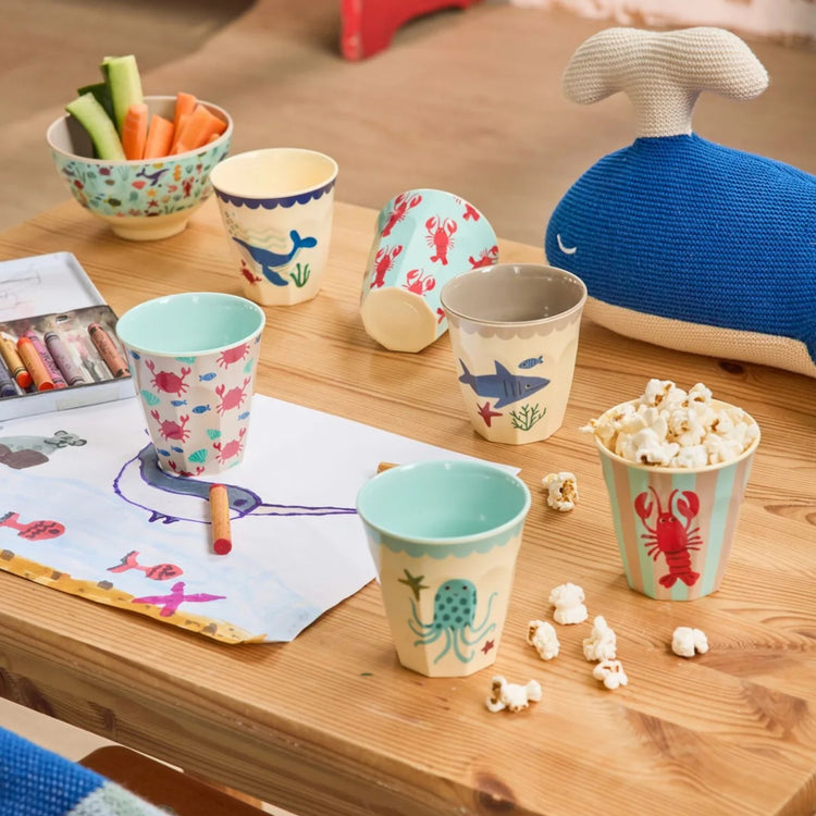 RICE. Melamine Cups with Blue Ocean Prints - Medium - 6 Pack - 250 ml