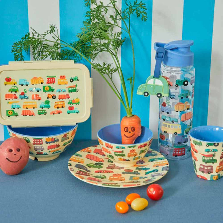 RICE. Plastic Kids Drinking Bottle with Happy Cars Print