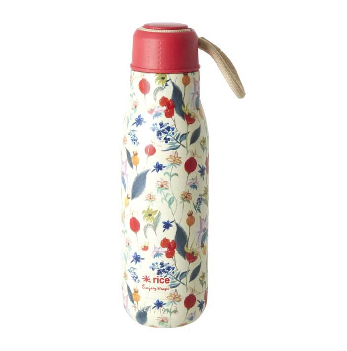 RICE. Stainless Steel Drinking Bottle with Winter Rosebuds Print