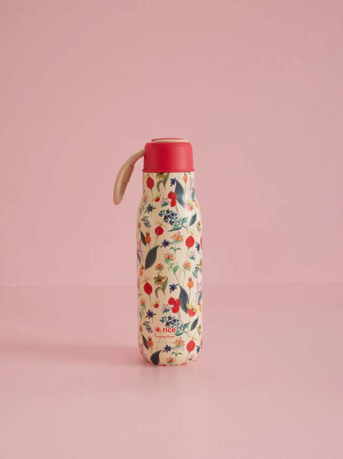RICE. Stainless Steel Drinking Bottle with Winter Rosebuds Print