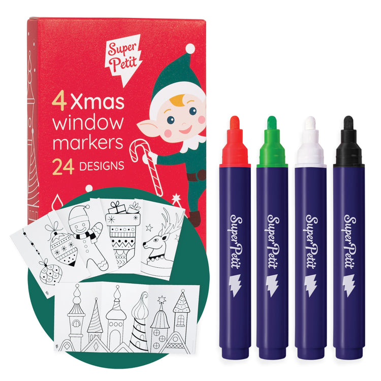 SUPER PETIT. Set of 4 Christmas Window Markers + 24 drawing designs