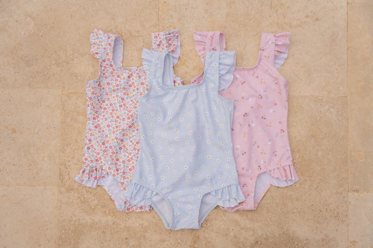 LITTLE DUTCH. Bathsuit ruffles Daisies Blue - 62/68