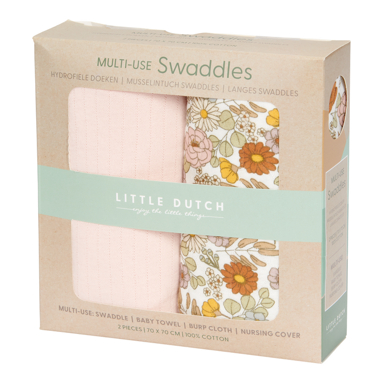 LITTLE DUTCH. Multi-use swaddles set/2 Flowers & Butterflies/Pure Soft Pink