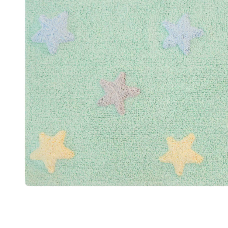 Lorena Canals. Χαλί δωματίου πράσινο μέντας με αστέρια θαλασσί, κίτρινο, καφέ. Stars soft mint
