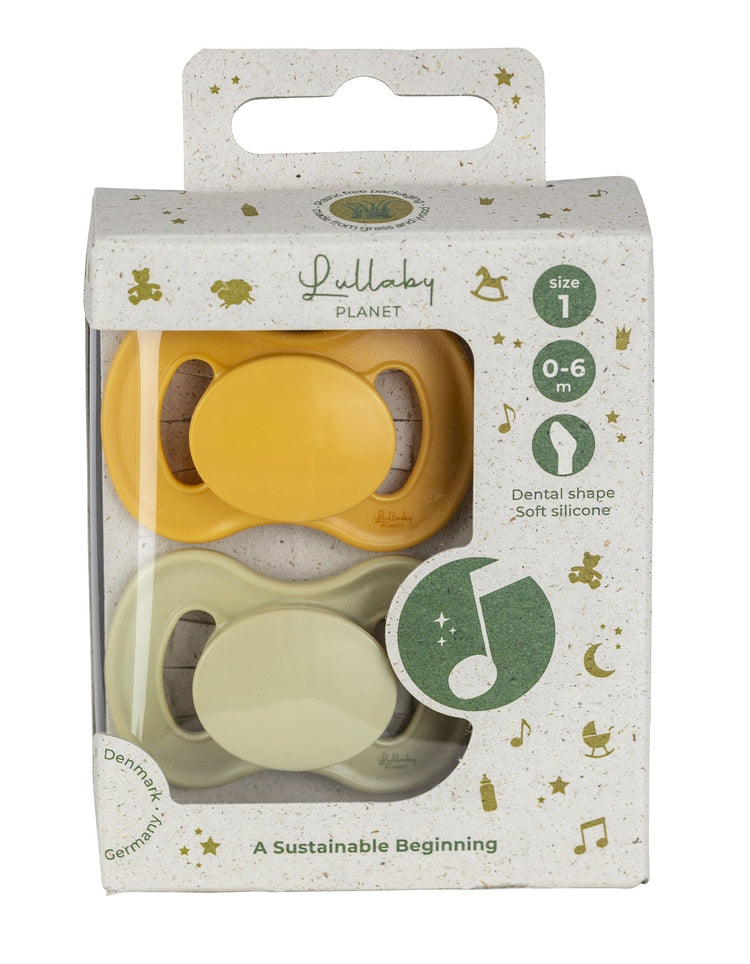 LULLABY PLANET. 2 pcs. Dental Silicone Soothers Size 1 Daisy Yellow & Lake Green