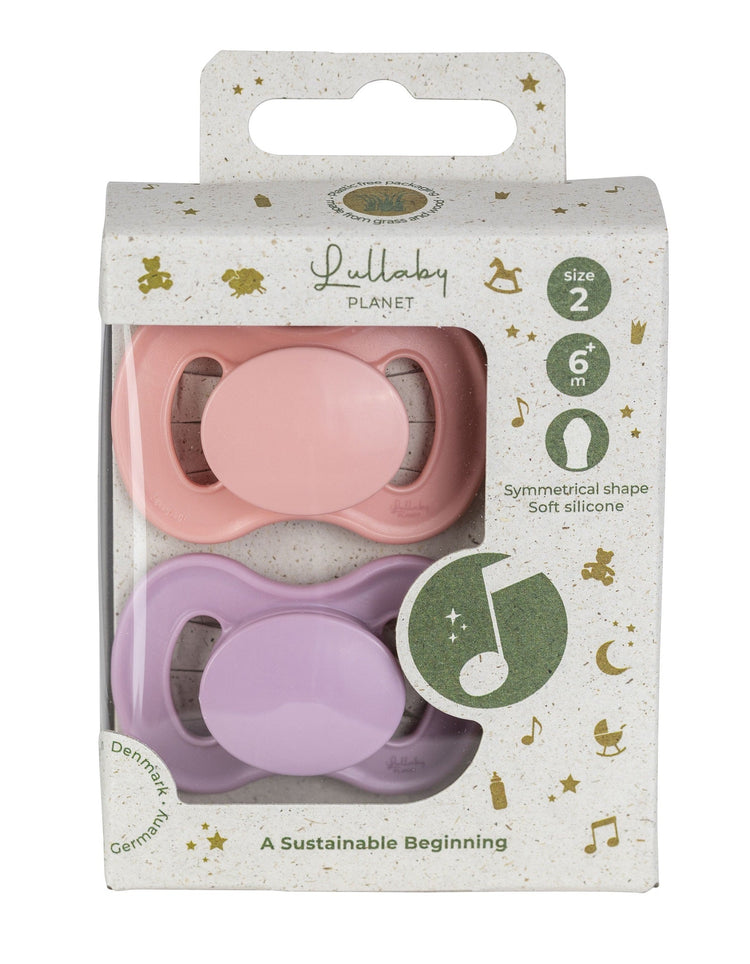 LULLABY PLANET. 2 pcs. Symmetrical Silicone Soothers Size 2 Pink Coral & Lavender Breeze