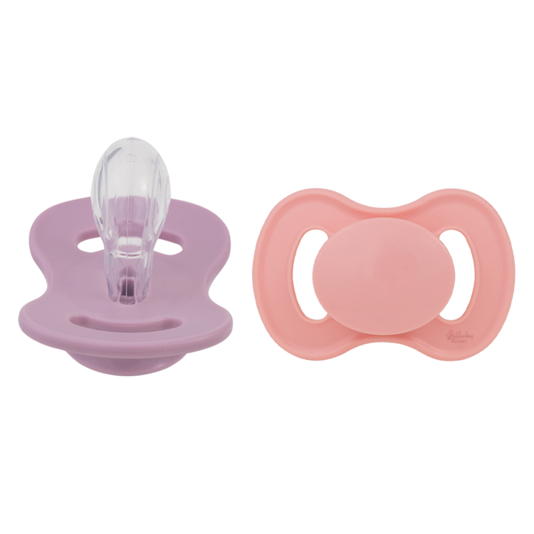 LULLABY PLANET. 2 pcs. Symmetrical Silicone Soothers Size 2 Pink Coral & Lavender Breeze