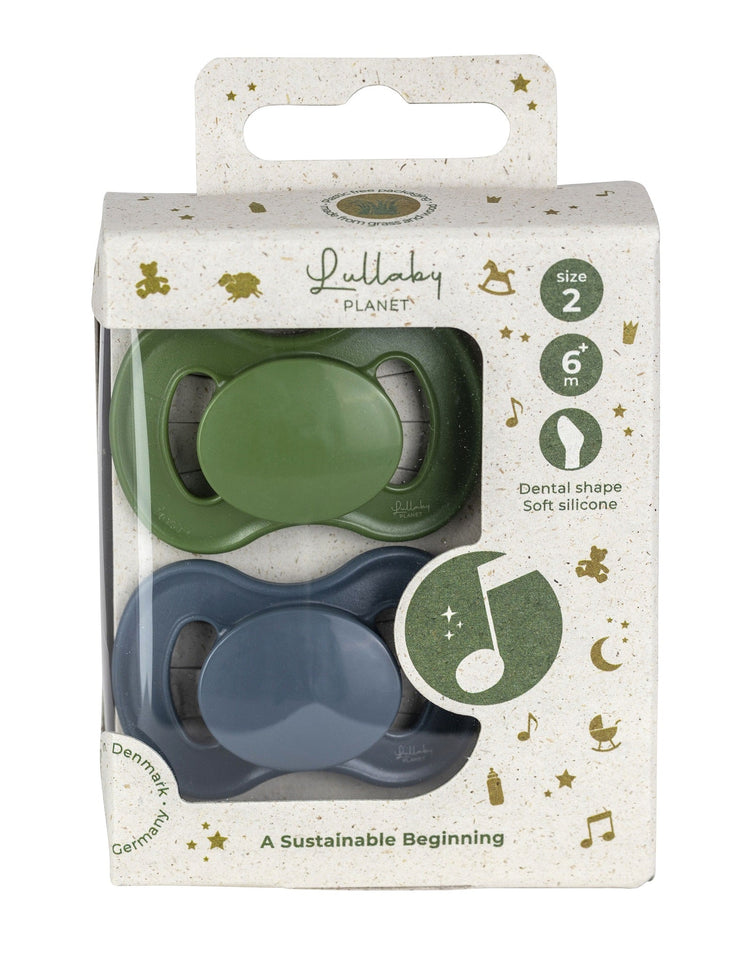 LULLABY PLANET. 2 pcs. Dental Silicone Soothers Size 2 Forest Green & Flint Stone