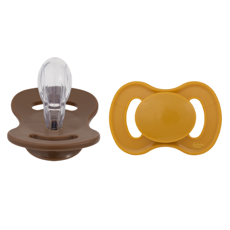 LULLABY PLANET. 2 pcs. Symmetrical Silicone Soothers Size 2 Honey Mustard & Hazelnut Brown