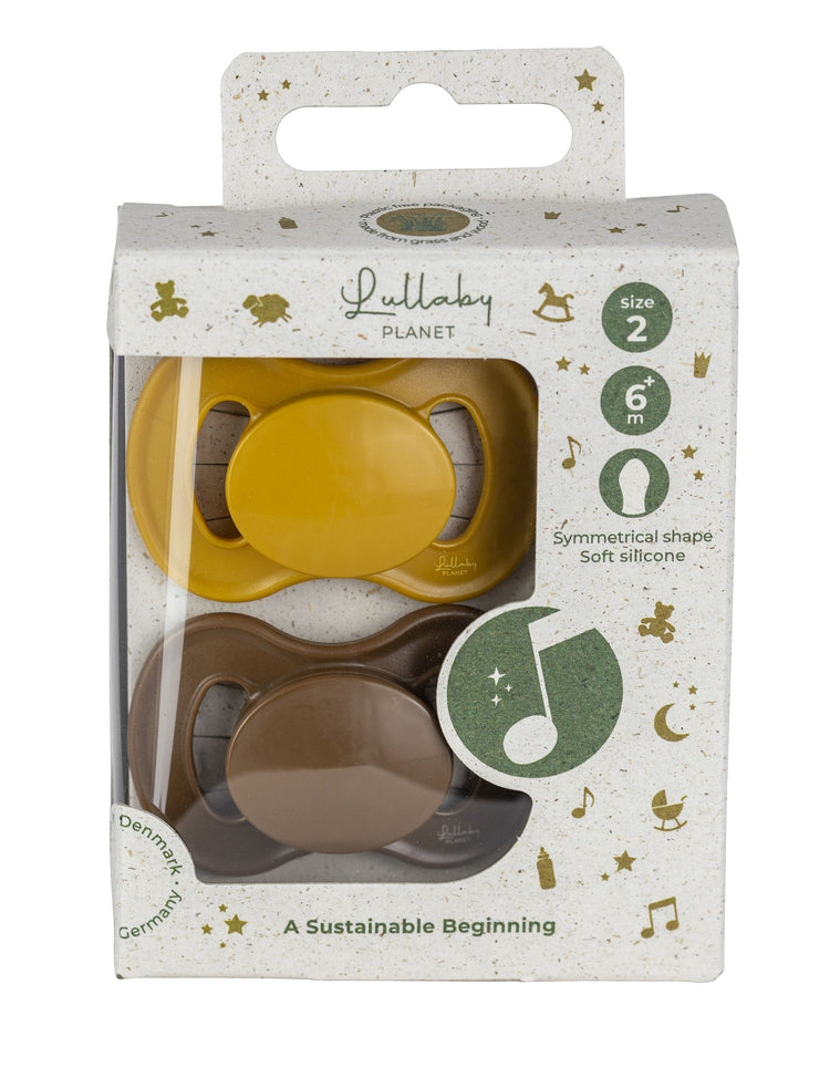 LULLABY PLANET. 2 pcs. Symmetrical Silicone Soothers Size 2 Honey Mustard & Hazelnut Brown