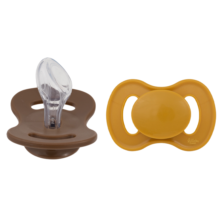 LULLABY PLANET. 2 pcs. Dental Silicone Soothers Size 2 Honey Mustard & Hazelnut Brown