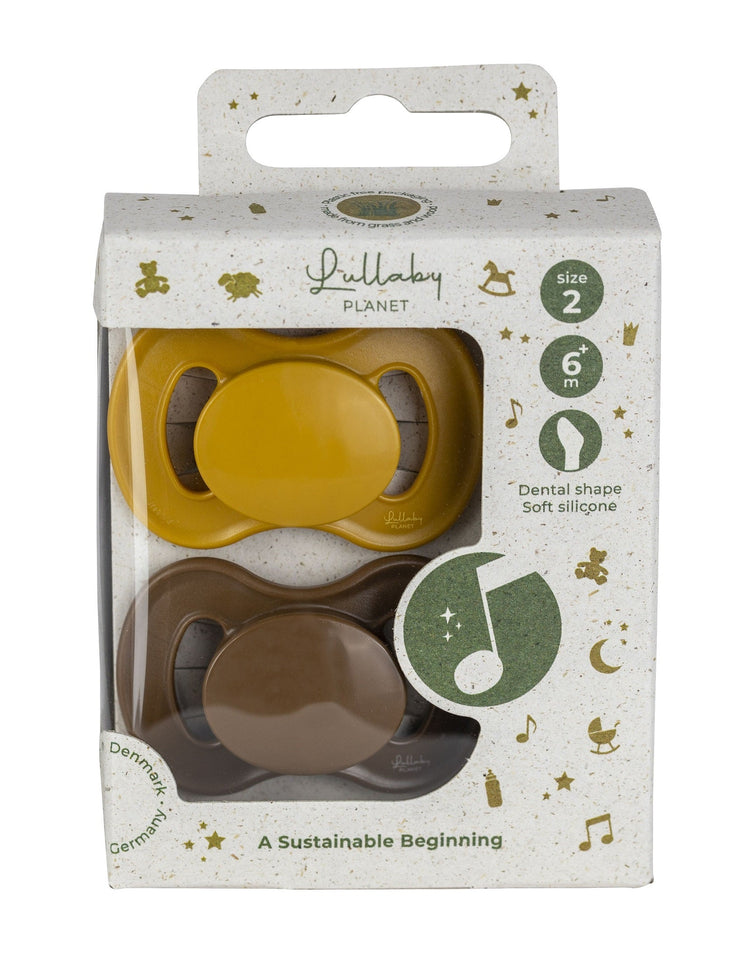 LULLABY PLANET. 2 pcs. Dental Silicone Soothers Size 2 Honey Mustard & Hazelnut Brown