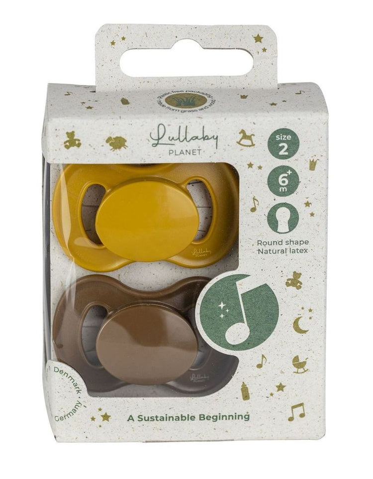 LULLABY PLANET. 2 pcs. Round Latex Soothers Size 2 Honey Mustard & Hazelnut Brown
