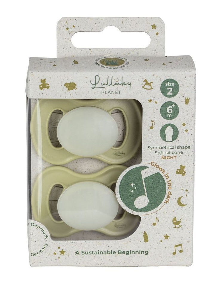 LULLABY PLANET. 2 pcs. Symmetrical Silicone Night Soothers Size 2 Lake Green Night