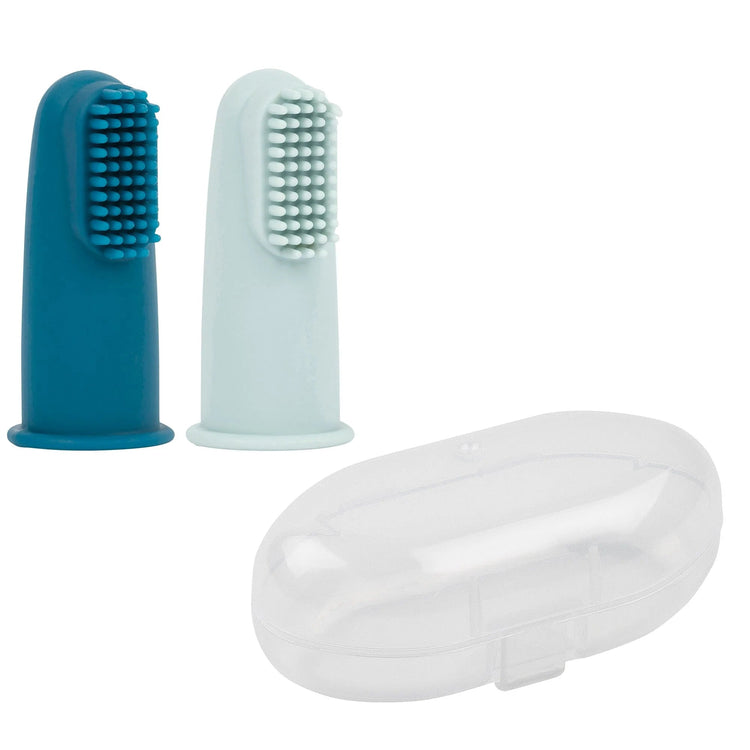 SILICON. Set of 2 silicone baby toothbrushes with storage box (Blue/Light Blue)