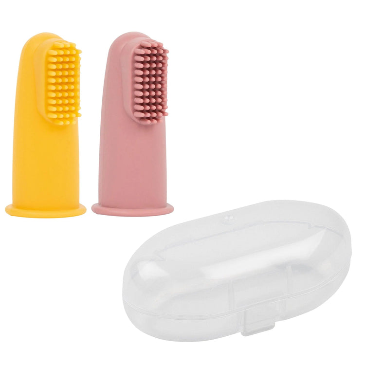SILICON. Set of 2 silicone baby toothbrushes with storage box (Yellow/Pink)