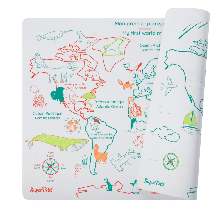 SUPER PETIT. Reversible colouring placemat set My first world map