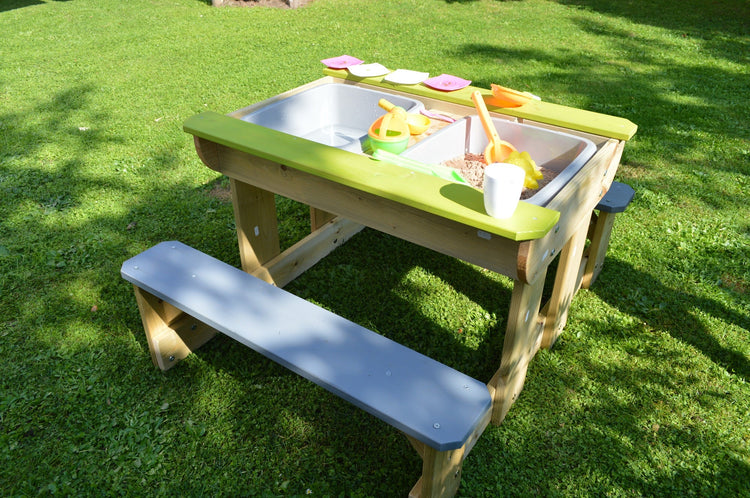 Wendi Toys. Σετ ξύλινο τραπέζι με παγκάκια εξωτερικού χώρου (λάιμ-γκρι-φυσικό)